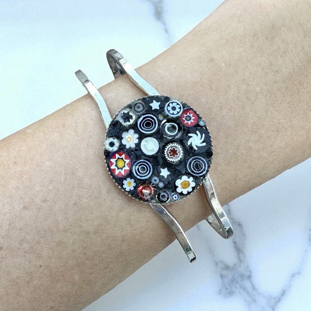 Vintage Millefiori Bracelet Hinged Bangle Glass Hinged Silver Black Glass